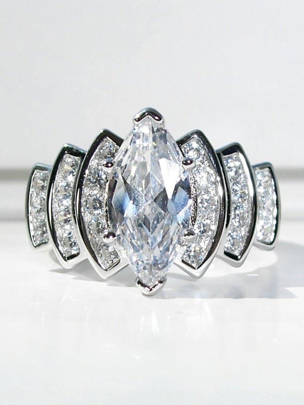 925 STERLING SILVER Marquise Cubic Zirconia Stair Step Tier Ring - Picture 1 of 16